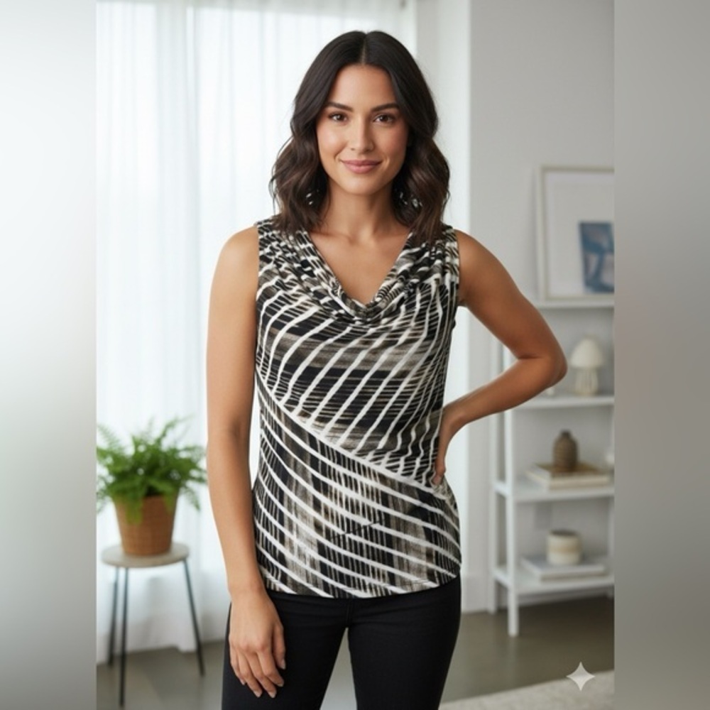 Calvin Klein Sleeveless Cowl Neck Top Black White Abstract Print Size M
